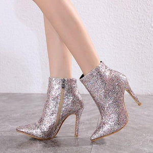 Women's sexy stiletto high heel glitter rhinestone booties pointed toe nightclub party boots