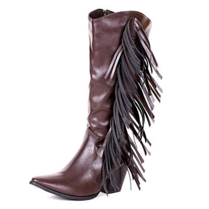 Women's fashion tassels mid calf boots pointed toe fringe boots