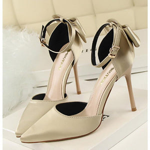 Women pointed toe bowknot ankle buckle strap stiletto heels