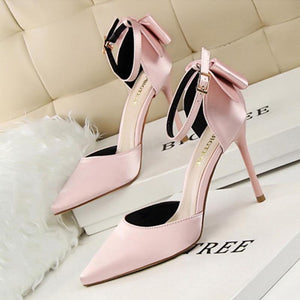 Women pointed toe bowknot ankle buckle strap stiletto heels