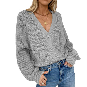 Women's V-neck lantern sleeves knitted sweater loose button cardigan sweater