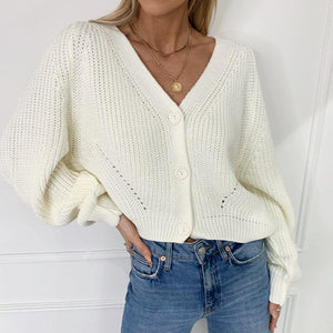 Women's V-neck lantern sleeves knitted sweater loose button cardigan sweater