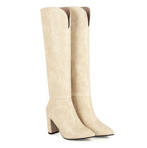 Women fashion v cut snakeskin chunky high heel knee high boots