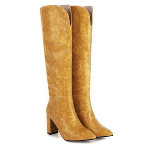 Women fashion v cut snakeskin chunky high heel knee high boots