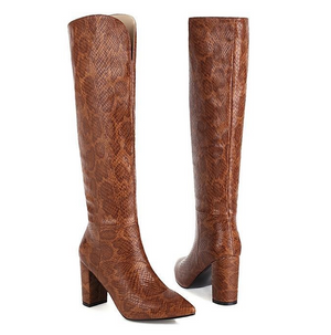 Women fashion v cut snakeskin chunky high heel knee high boots