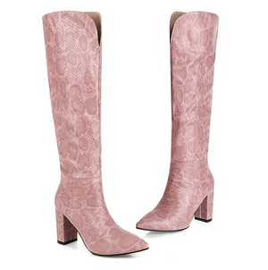 Women fashion v cut snakeskin chunky high heel knee high boots