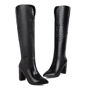 Women fashion v cut snakeskin chunky high heel knee high boots