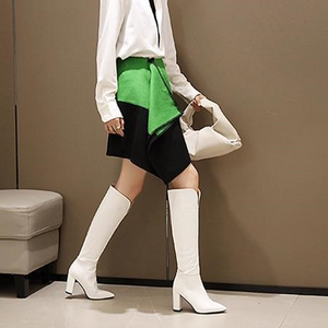 Women fashion v cut snakeskin chunky high heel knee high boots