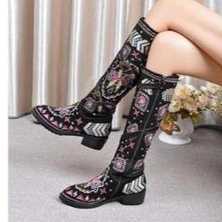 Women fashion embroidered flower chunky heel mid calf boots