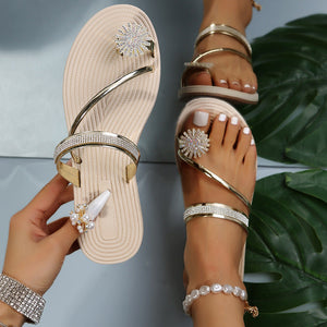 Women toe ring sandals rhinestone slip on sandals beach sandals