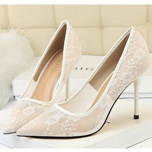 Women pointed closed toe flower lace stiletto high heels