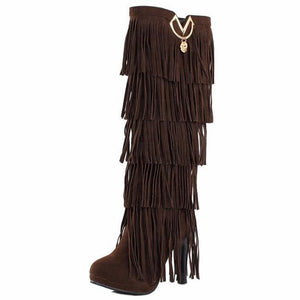 Women fashion fringe chunky heel platform knee high boots