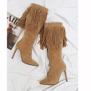 Women fringe stiletto high heel pointed toe mid calf boots