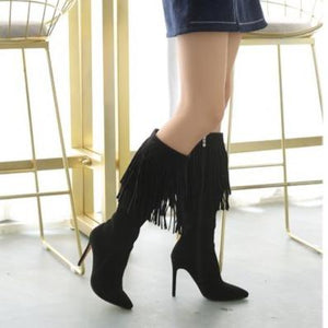Women fringe stiletto high heel pointed toe mid calf boots