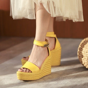 Women buckle strap peep toe espadrille platform wedge sandals