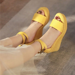 Women buckle strap peep toe espadrille platform wedge sandals