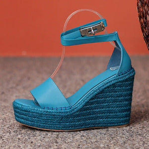 Women buckle strap peep toe espadrille platform wedge sandals