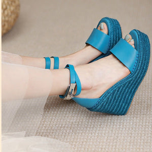 Women buckle strap peep toe espadrille platform wedge sandals