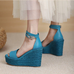 Women buckle strap peep toe espadrille platform wedge sandals