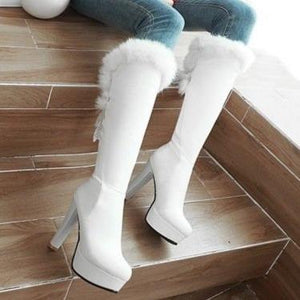 Women fringe faux fur sexy chunky heel platform knee high boots
