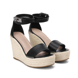 Women buckle strap peep toe espadrille platform wedge sandals