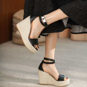 Women buckle strap peep toe espadrille platform wedge sandals