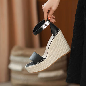 Women buckle strap peep toe espadrille platform wedge sandals