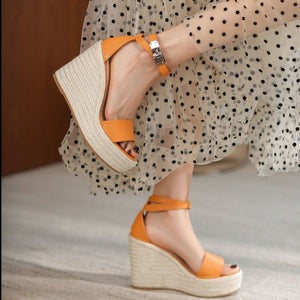 Women buckle strap peep toe espadrille platform wedge sandals