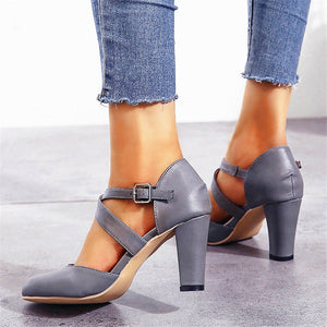 Women closed toe crisscross buckle strap chunky heels