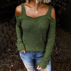 Women long sleeve solid color straps off shoulder sweater