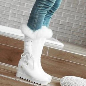 Women lace up faux fur chunky platform wedge winter mid calf boots