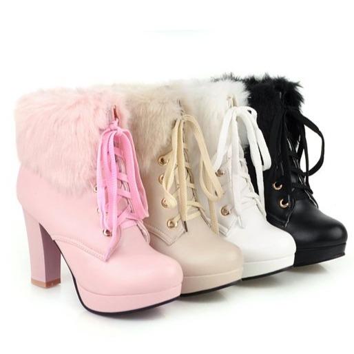 Women cute faux fur chunky heel platform lace up ankle boots