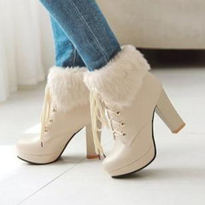 Women cute faux fur chunky heel platform lace up ankle boots