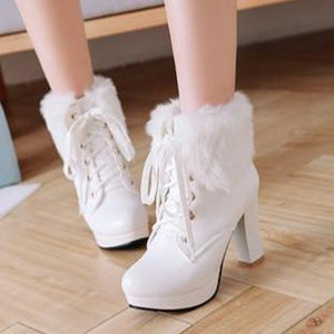 Women cute faux fur chunky heel platform lace up ankle boots