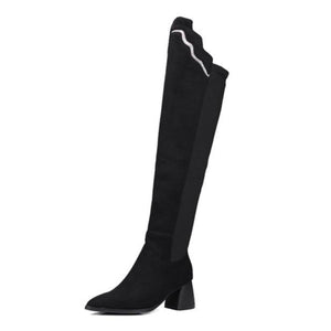 Women color block chunky heel pointed toe over the knee boots