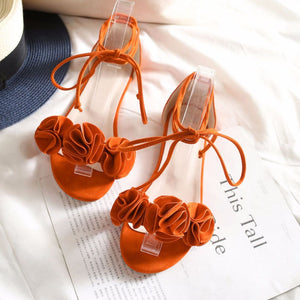 Women peep toe flower decor crisscross lace up hollow flat sandals