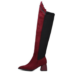 Women color block chunky heel pointed toe over the knee boots