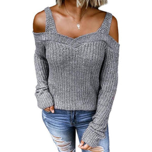 Women long sleeve solid color straps off shoulder sweater