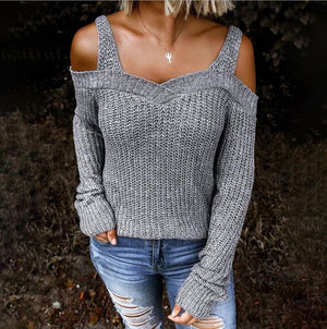 Women long sleeve solid color straps off shoulder sweater