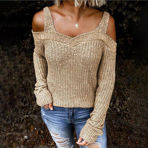 Women long sleeve solid color straps off shoulder sweater