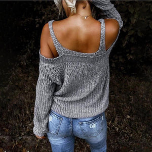 Women long sleeve solid color straps off shoulder sweater