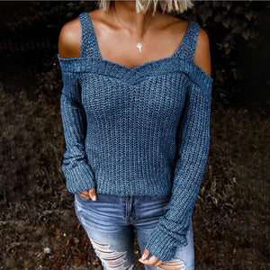 Women long sleeve solid color straps off shoulder sweater