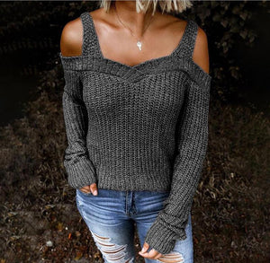 Women long sleeve solid color straps off shoulder sweater