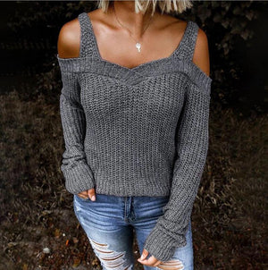 Women long sleeve solid color straps off shoulder sweater