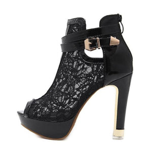 Women hollow floral lace peep toe platform buckle strap high heels