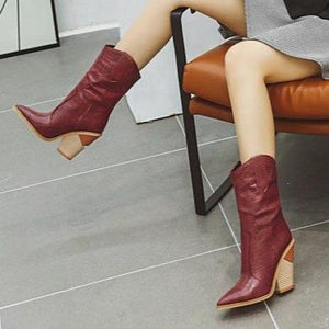 Women fashion stacked chunky heel pointed toe mid calf boots