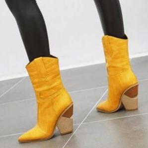 Women fashion stacked chunky heel pointed toe mid calf boots