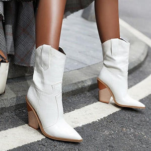 Women fashion stacked chunky heel pointed toe mid calf boots