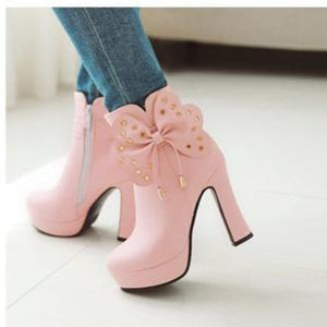 Women fringe butterfly bowknot studded platform high heel boots