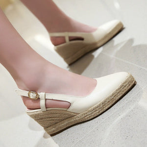 Women espadrille woven wedge heel buckle strap pointed closed toe sandals